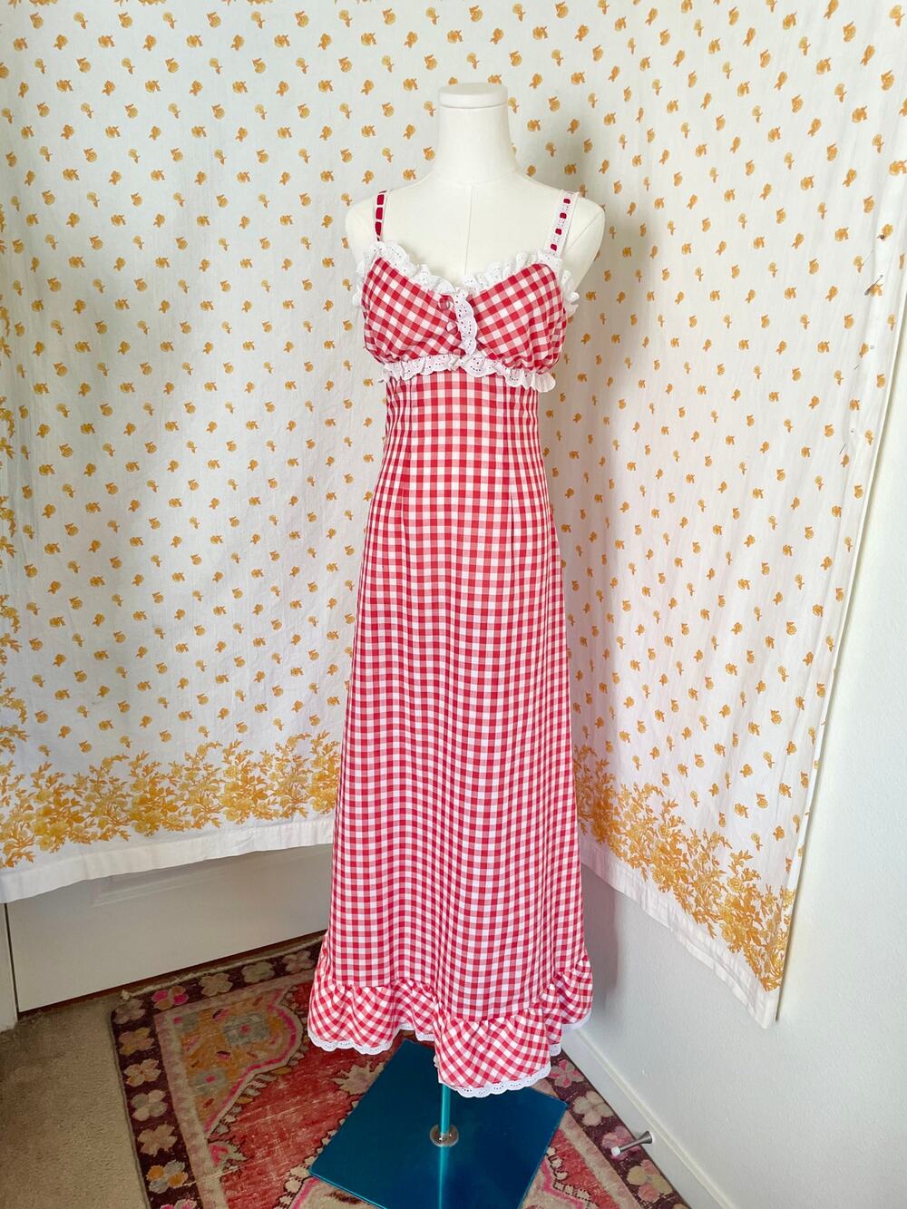 Vintage 70s Red Gingham Maxi Dress XS | Prairie Lace Ruffle Cottagecore